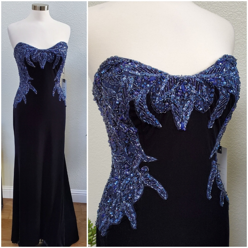 NWT Mac Duggal Velvet Navy Sequined Bustier Dress